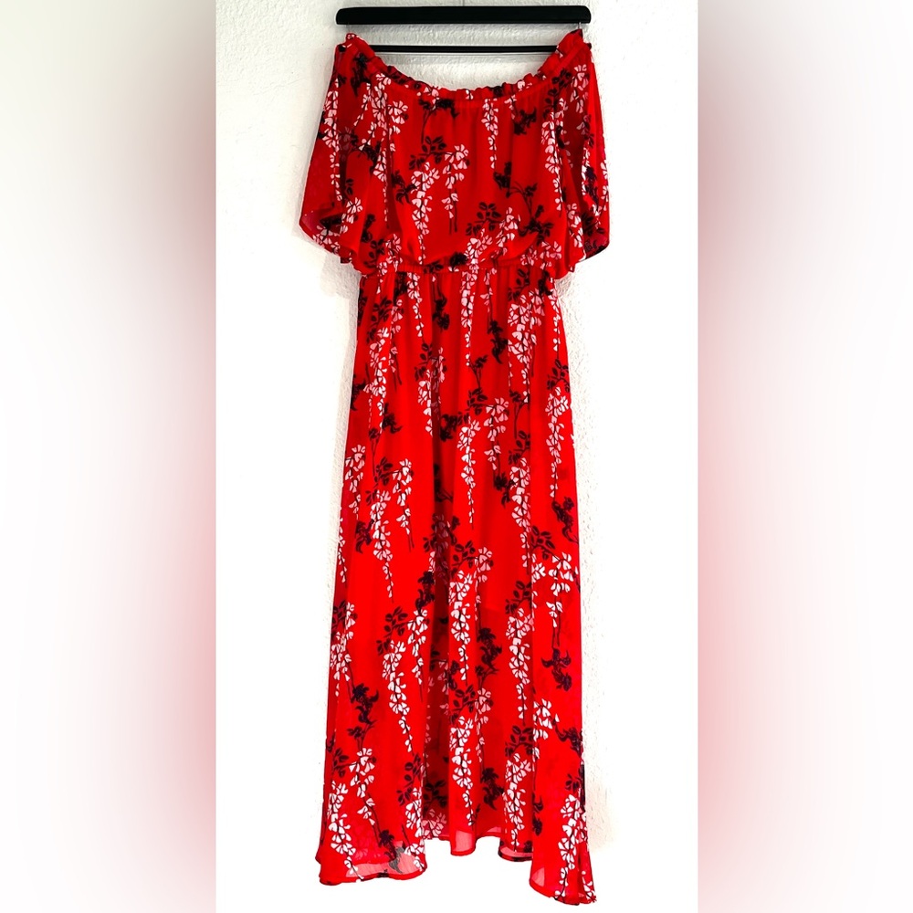 Minette Casual Spring/Summer Women’s Off Shoulder Red Floral Dress. SIZE: S